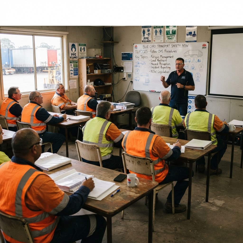 Blue Card TLIF0025 transport safety training course classroom NSW with truck drivers in high-vis vests
