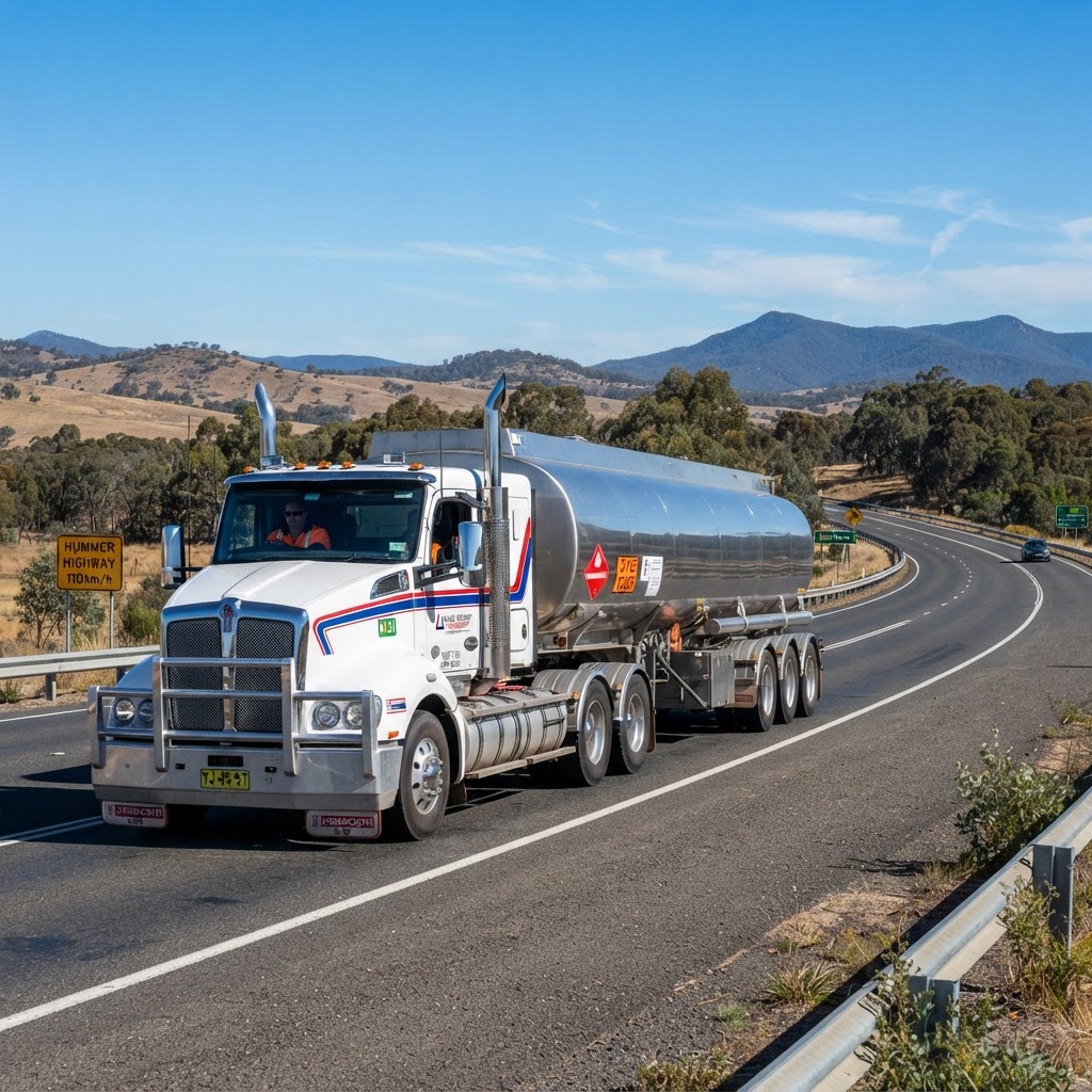 Class 3 dangerous goods fuel tanker on NSW highway carrying flammable liquids