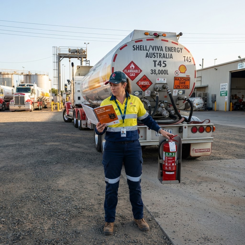 Truck driver conducting pre-departure safety check on fuel tanker checking fire extinguisher NSW