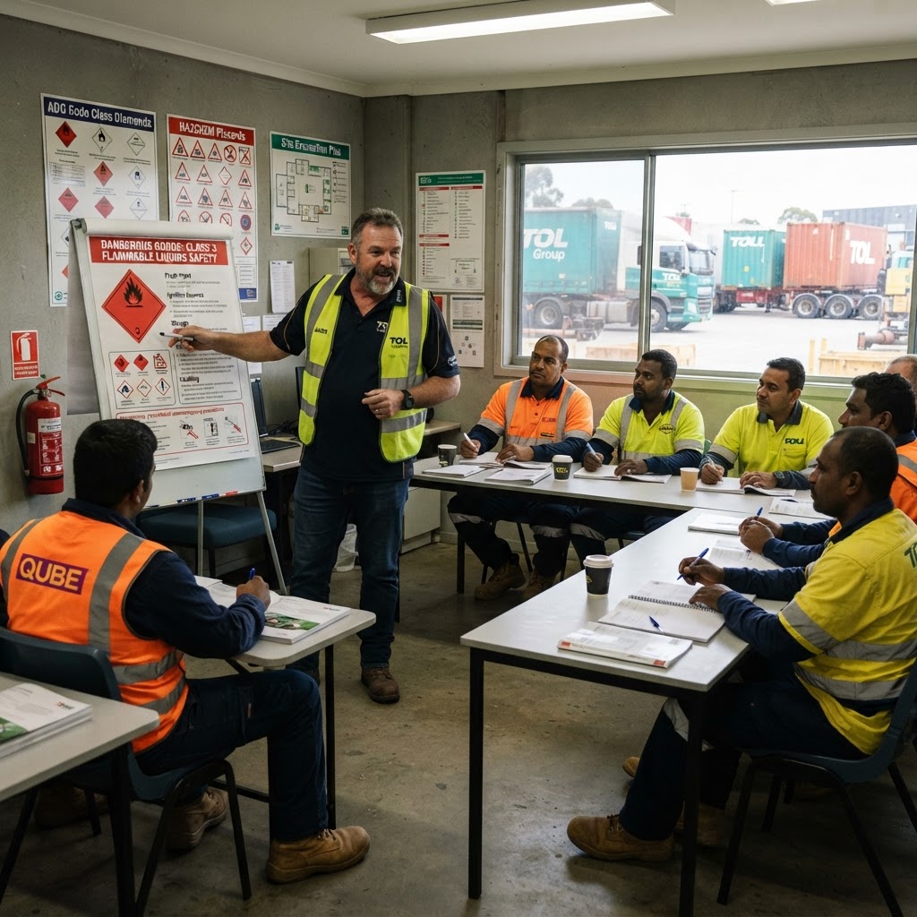 Dangerous goods training classroom for truck drivers learning about 3 flammable liquids NSW