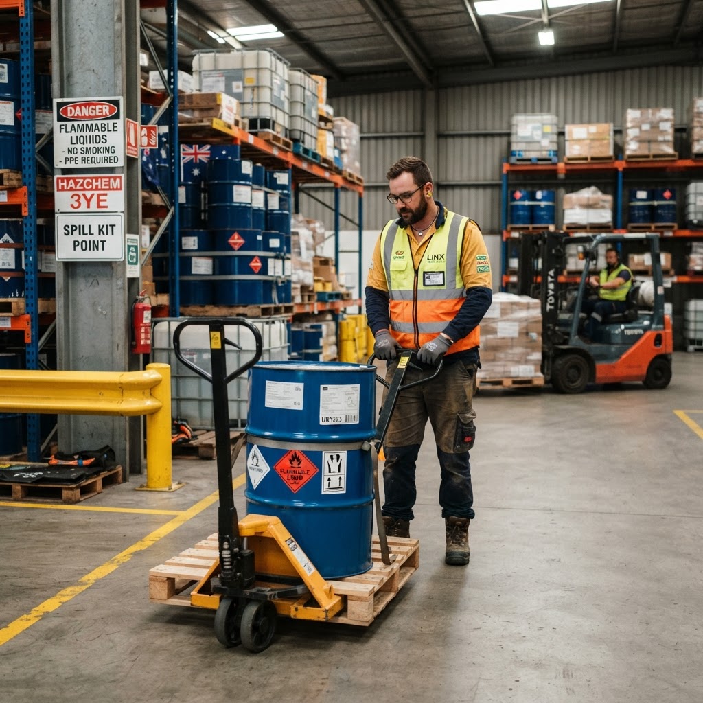 Warehouse worker handling 3 flammable liquid drums in NSW transport depot