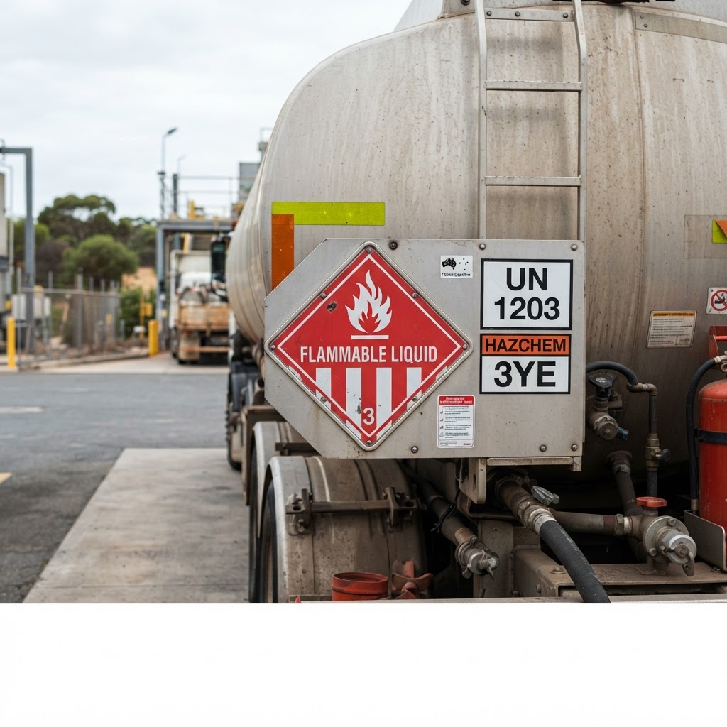 Class 3 dangerous goods flammable liquid placard and labels on transport vehicle NSW