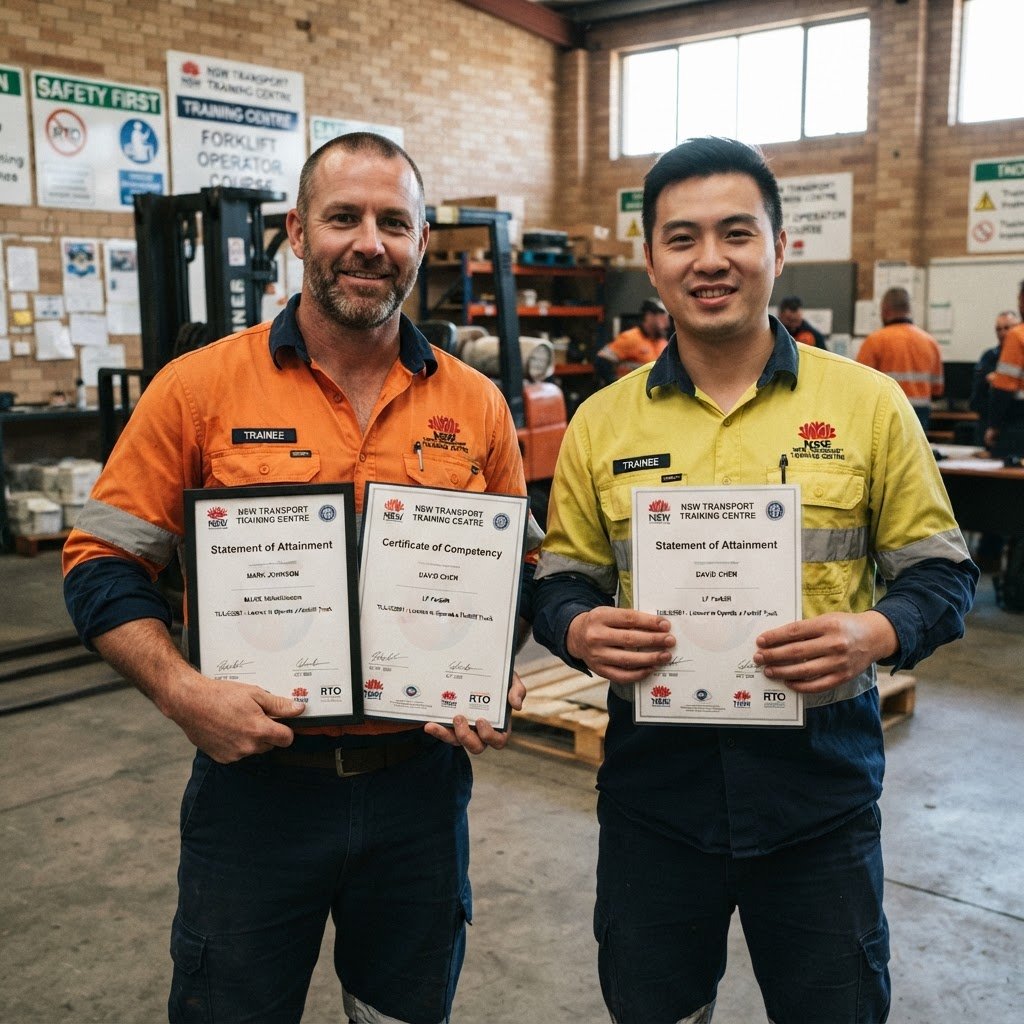 Transport workers holding chain of responsibility training certificates and Statement of Attainment at NSW training centre