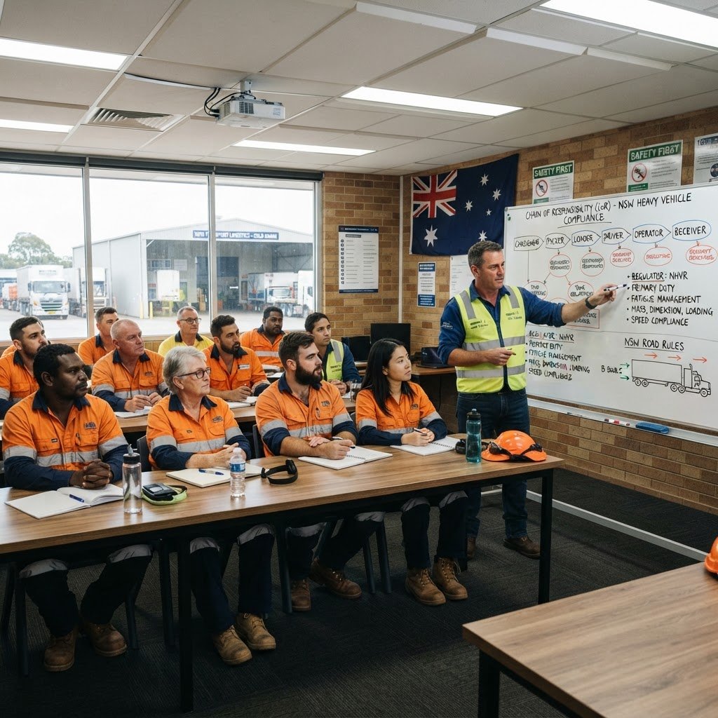 Chain of responsibility training classroom NSW with transport workers learning CoR compliance from qualified trainer