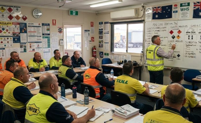 Dangerous goods course NSW training classroom with drivers in high-vis vests learning ADG Code