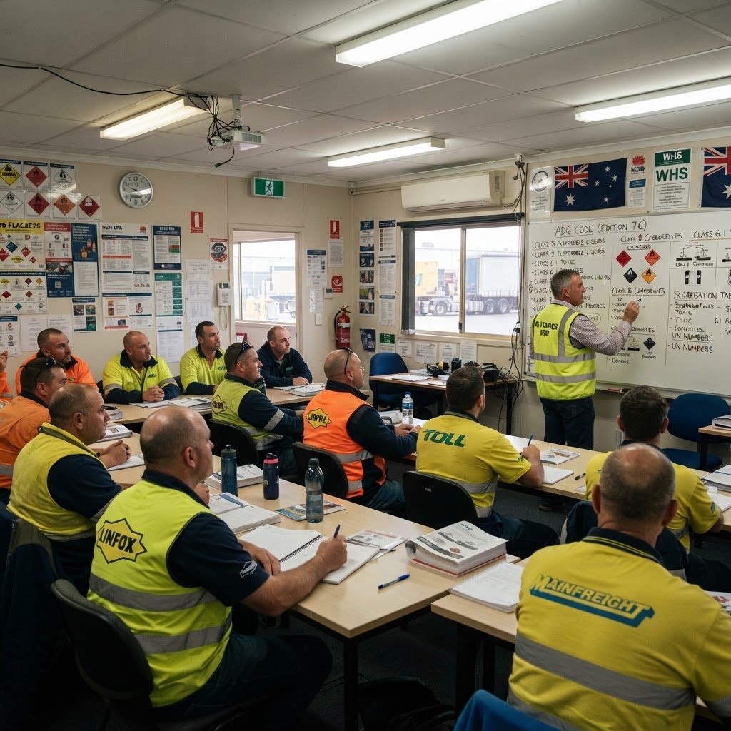 Dangerous goods course NSW training classroom with drivers in high-vis vests learning ADG Code