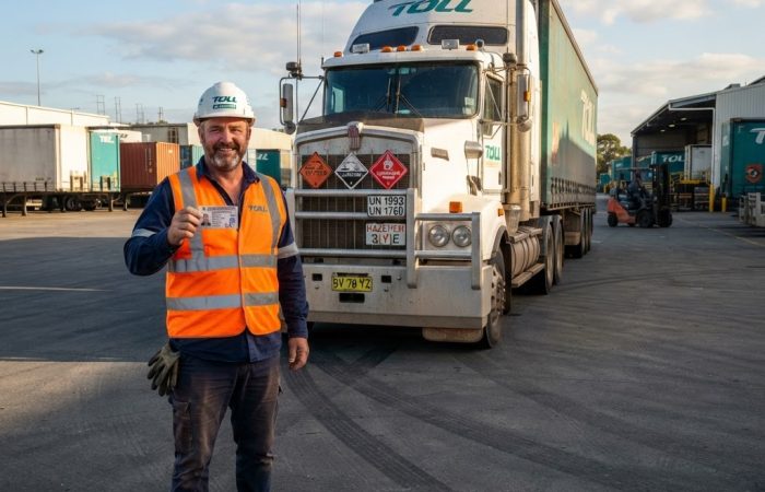 Dangerous goods truck driver with DG licence card and placard truck in NSW Australia