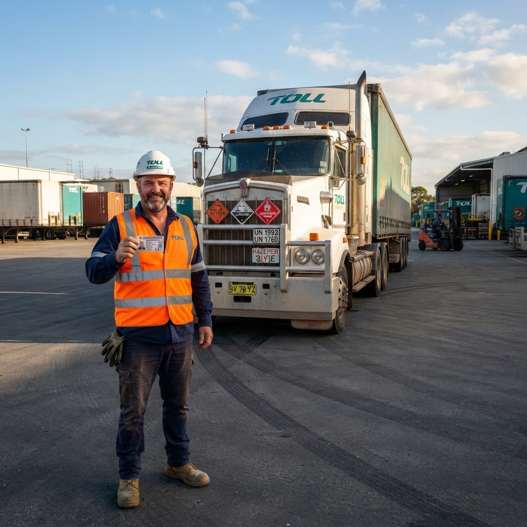 Dangerous goods truck driver with DG licence card and placard truck in NSW Australia
