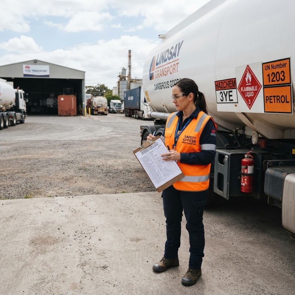 Safety officer inspecting dangerous goods vehicle markings checklist at NSW transport depot