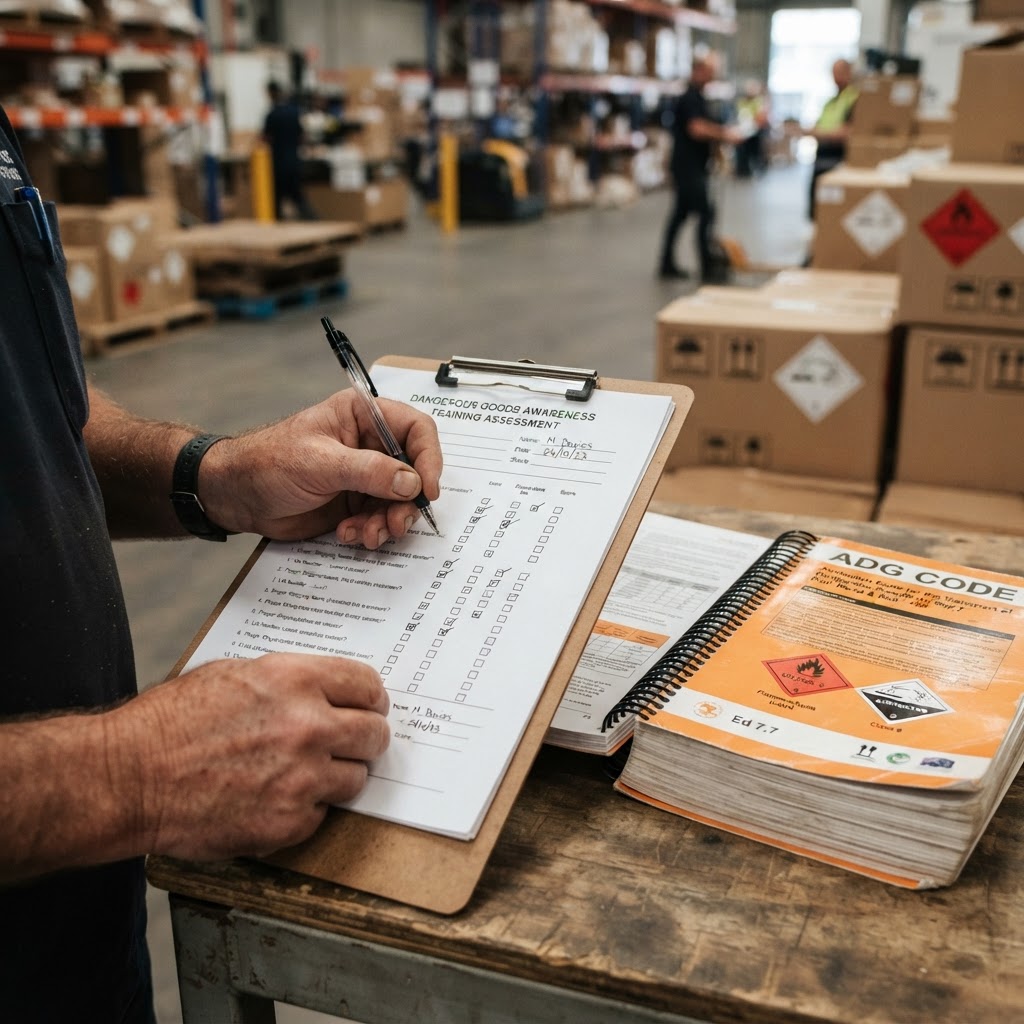 Hands filling out dangerous goods awareness training assessment form with ADG Code reference book
