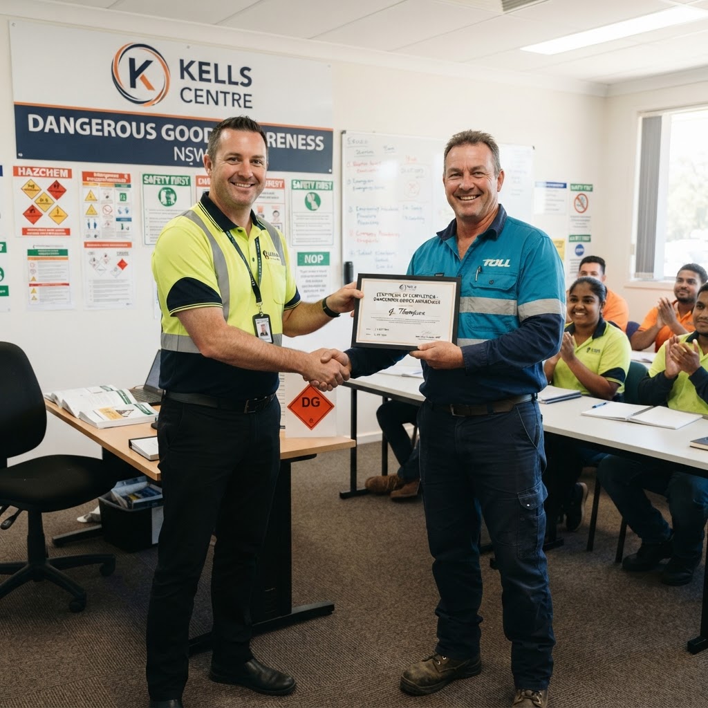 Truck driver receiving dangerous goods awareness certificate from trainer at Kells Safety Centre NSW
