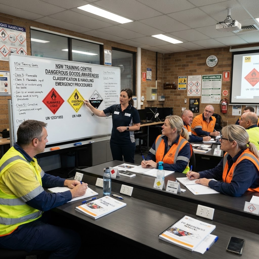Dangerous goods awareness training classroom with DG hazard diamonds on whiteboard NSW