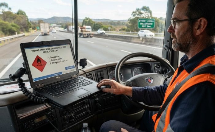Laptop on truck dashboard showing online dangerous goods awareness training course module with NSW highway visible