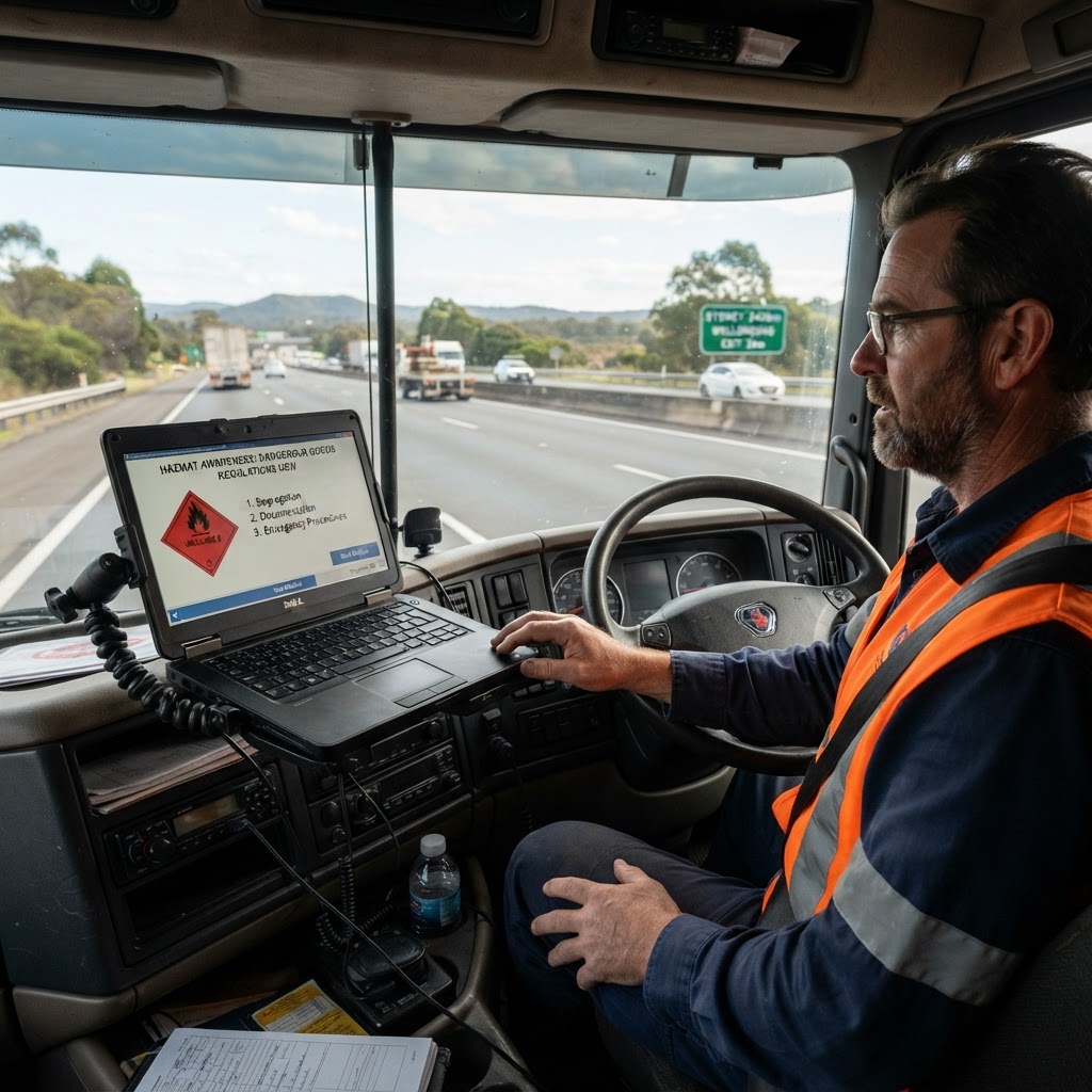 Laptop on truck dashboard showing online dangerous goods awareness training course module with NSW highway visible