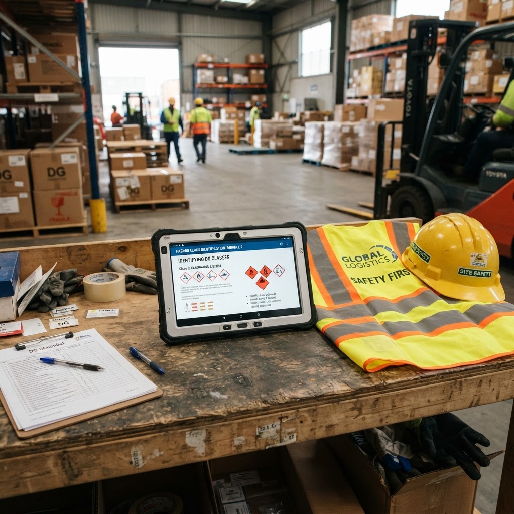 Tablet showing online dangerous goods awareness course module about hazard identification on workbench