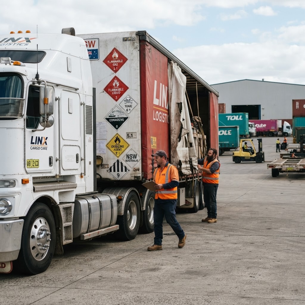 Diamond-shaped dangerous goods labels mounted on transport truck in NSW freight depot