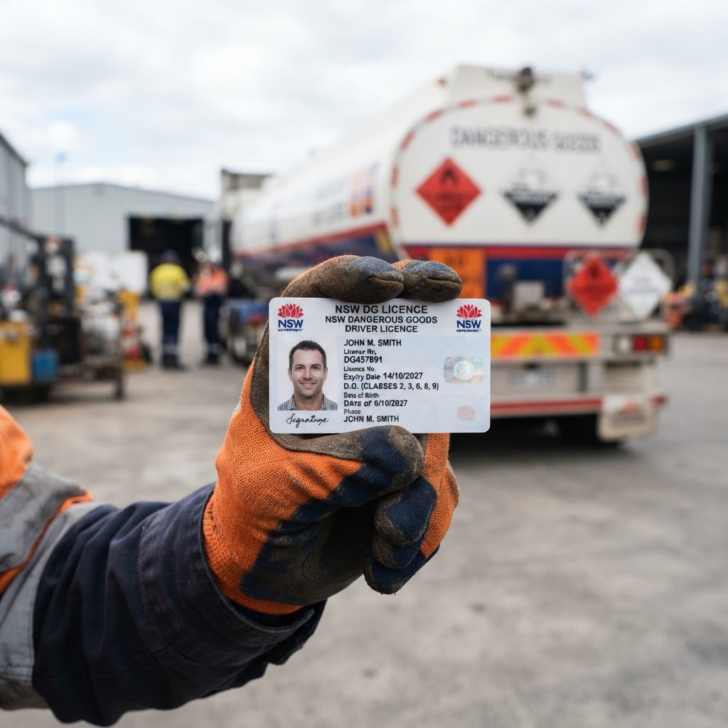NSW dangerous goods driver licence card held by truck driver at freight depot