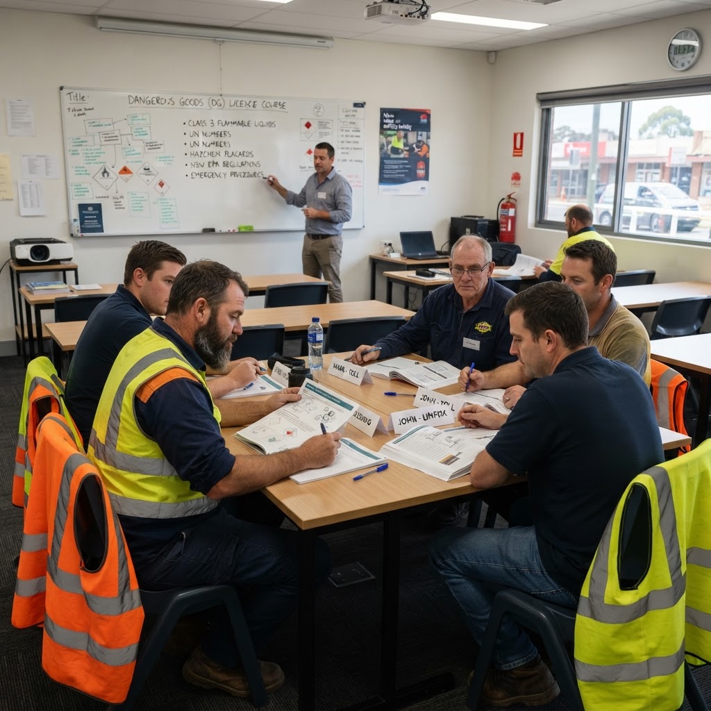 Truck drivers studying dangerous goods licence course materials in training room NSW