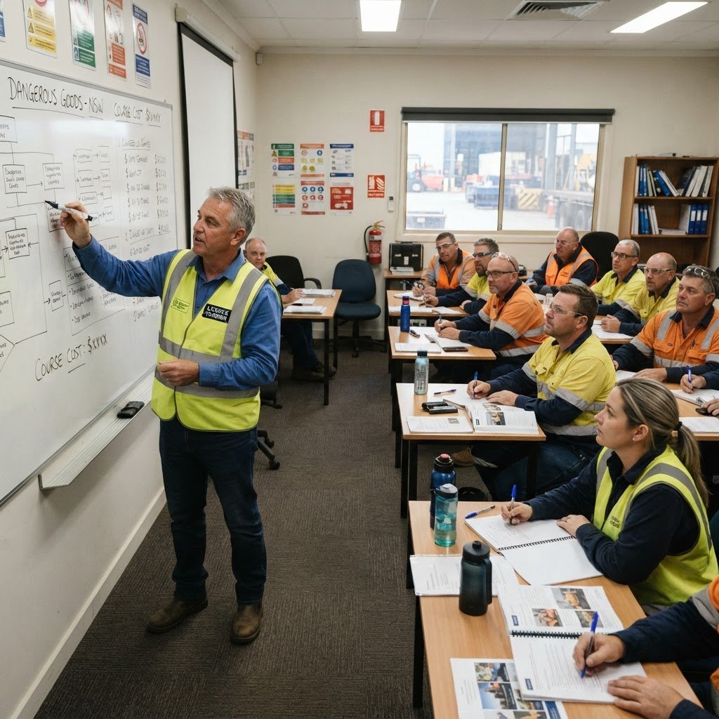 Dangerous goods licence course classroom training session in NSW with trainer explaining ADG Code costs and requirements
