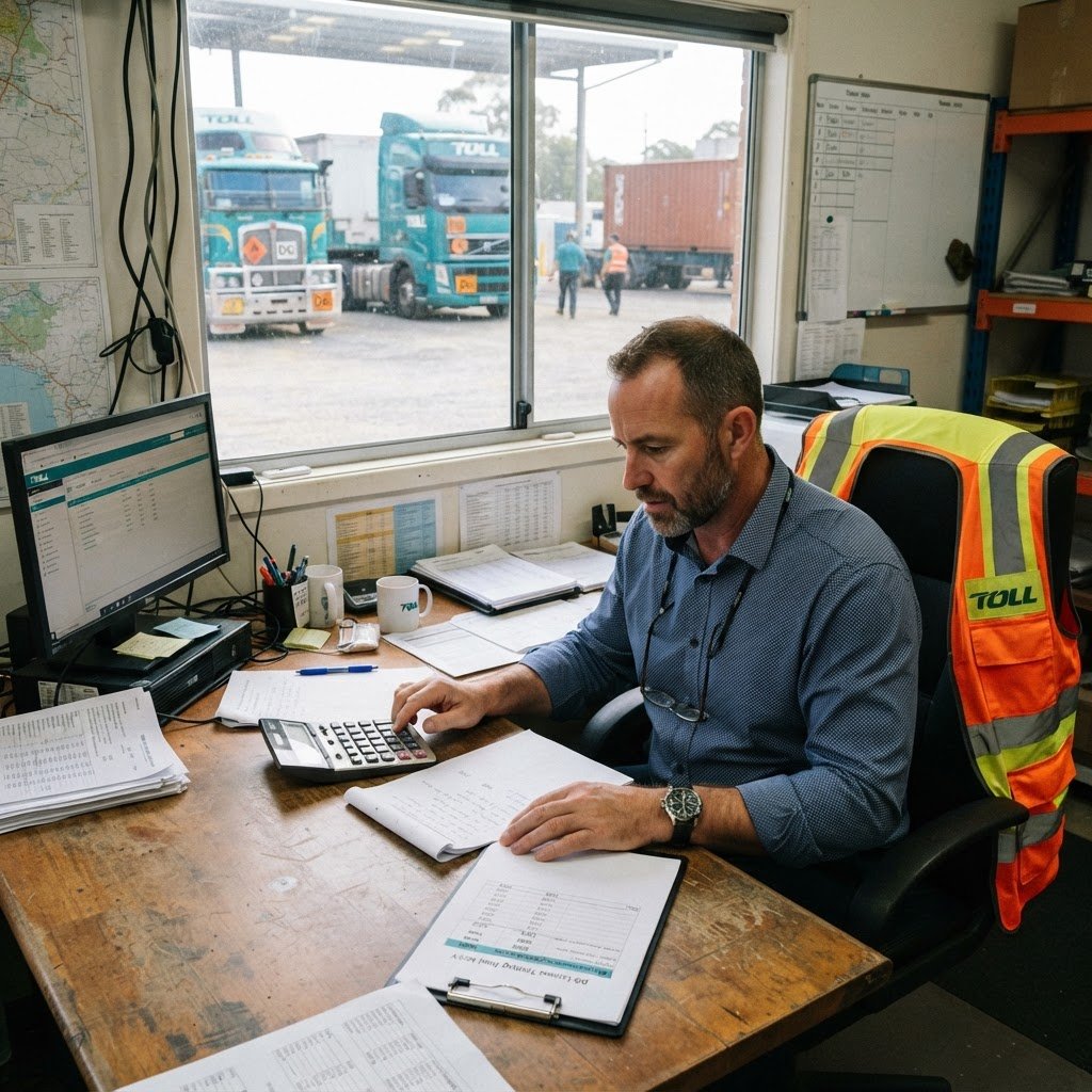 Fleet manager reviewing dangerous goods licence training costs and budget breakdown at NSW transport depot office desk