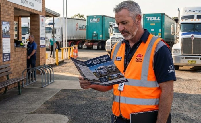 NSW truck driver reviewing dangerous goods licence course costs and pricing brochure outside a transport training centre