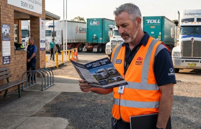 NSW truck driver reviewing dangerous goods licence course costs and pricing brochure outside a transport training centre