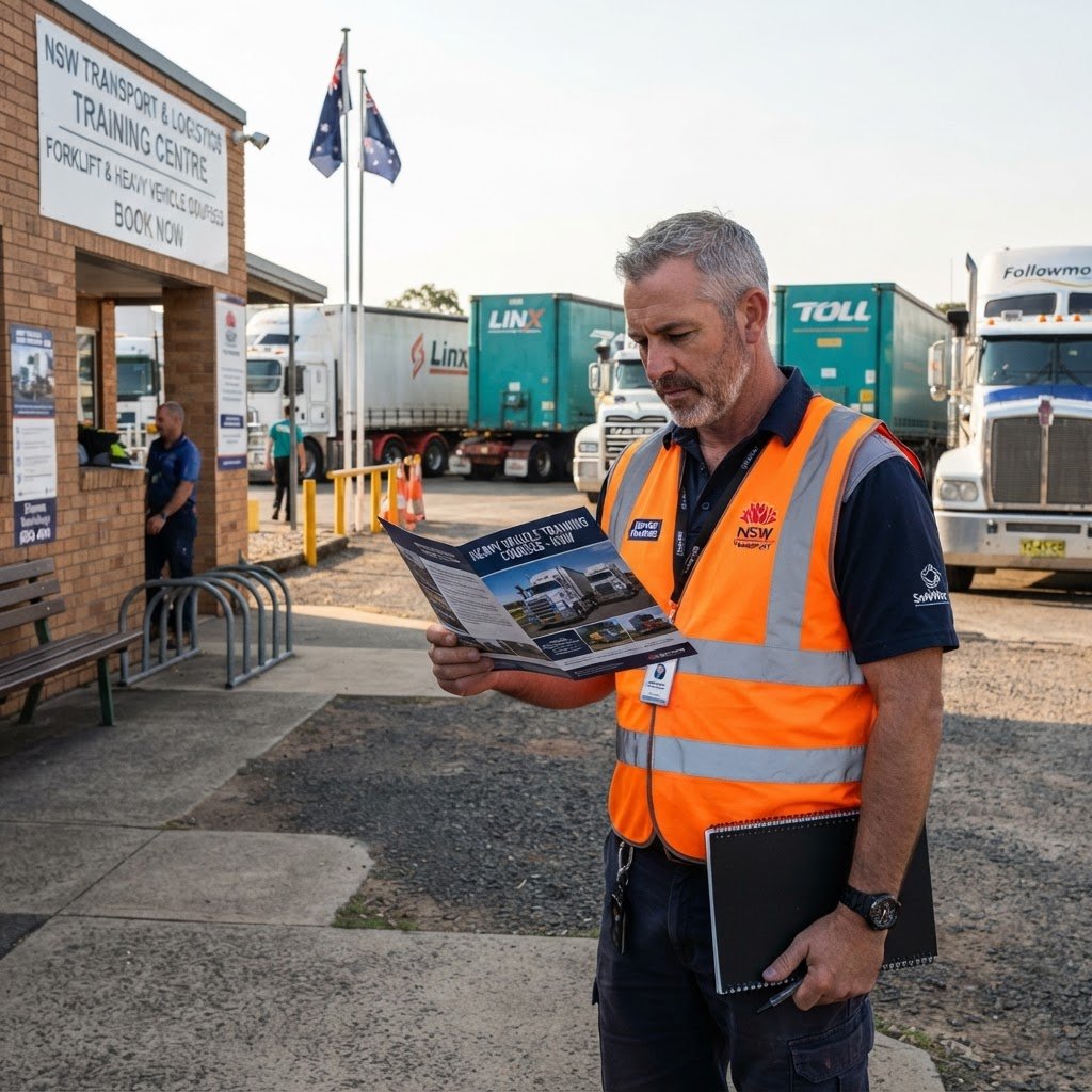 NSW truck driver reviewing dangerous goods licence course costs and pricing brochure outside a transport training centre