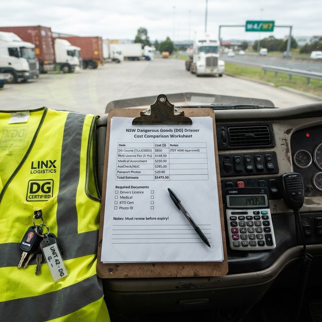 Dangerous goods licence cost comparison worksheet on a NSW truck dashboard with calculator and pen showing course fees and EPA licence costs