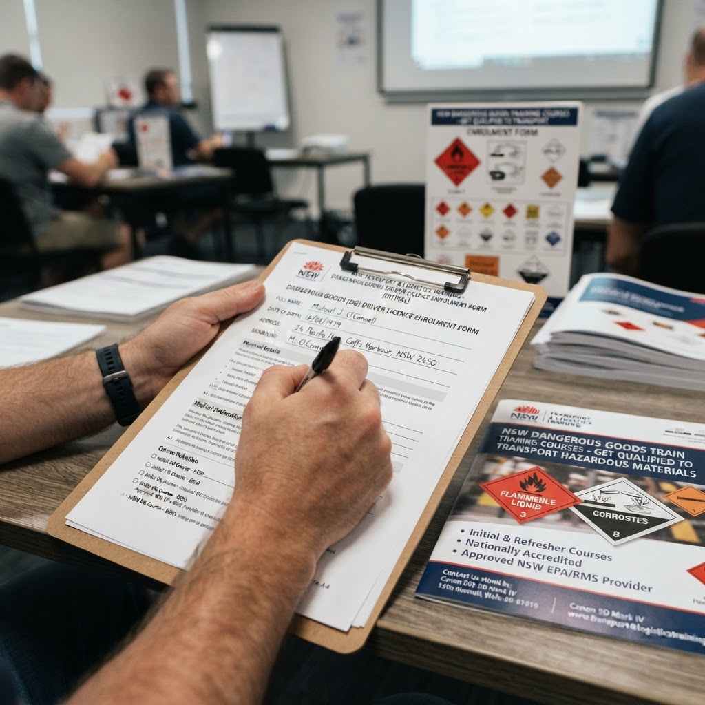 Hands filling out dangerous goods licence enrolment form with course brochure NSW