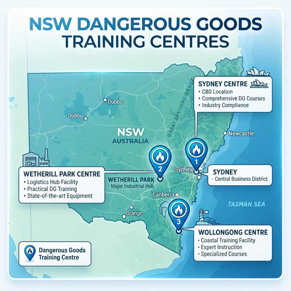 Map of NSW Australia showing dangerous goods licence training locations in Sydney and Wollongong