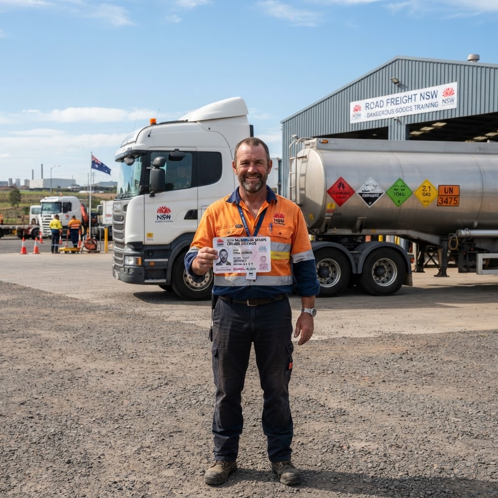 Truck driver holding dangerous goods licence card at NSW training facility with DG placard truck