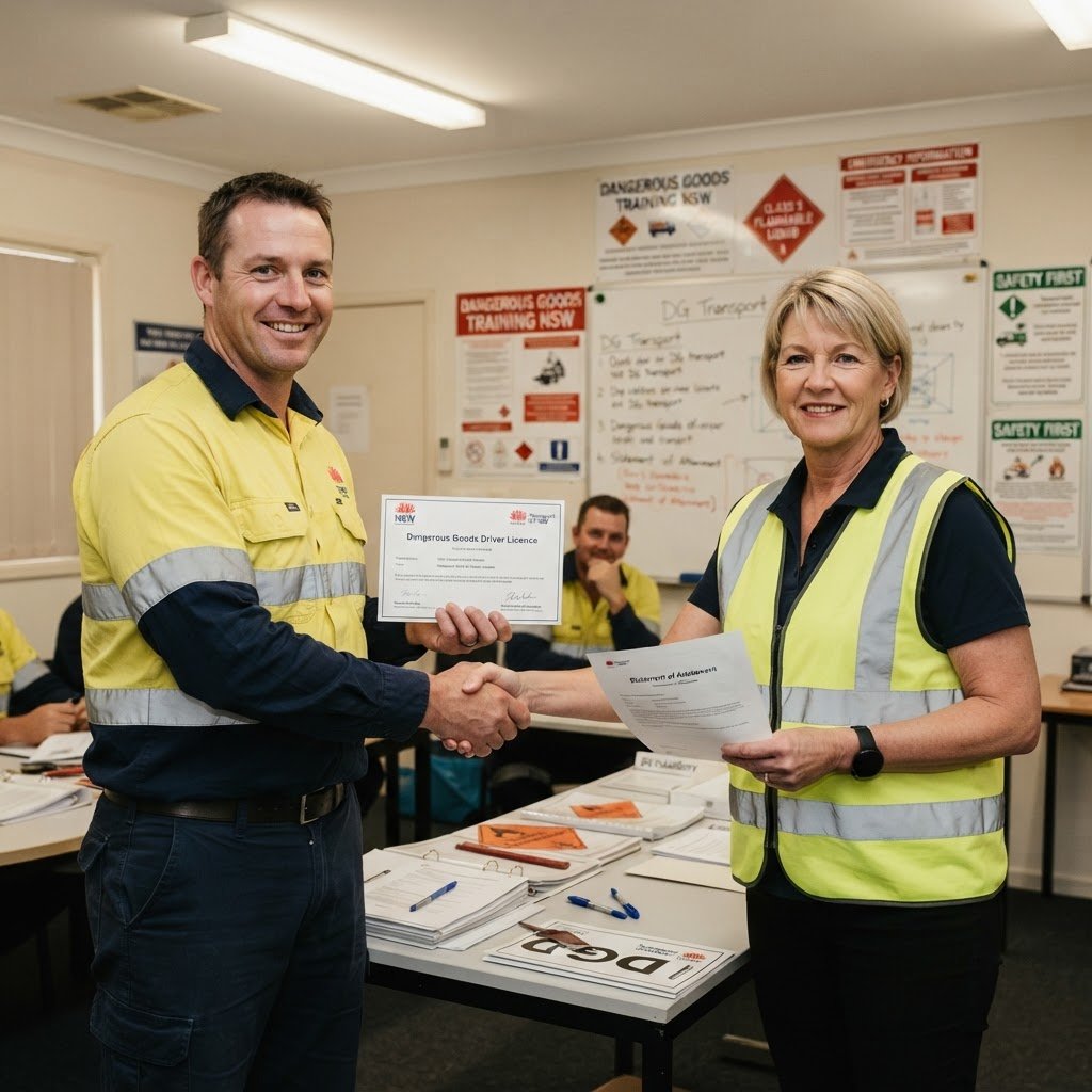 NSW truck driver receiving dangerous goods licence Statement of Attainment certificate from Kells Safety Centre trainer