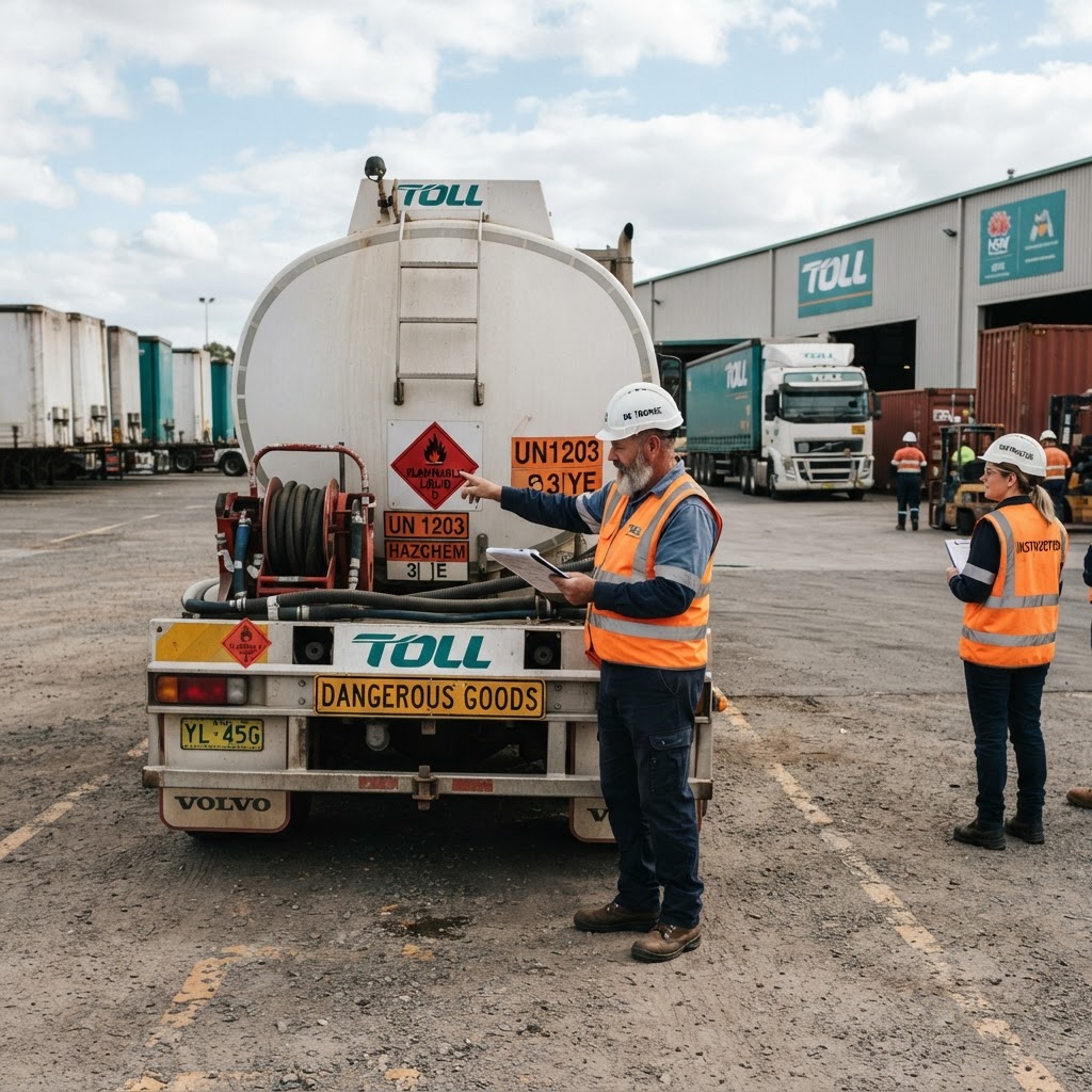 Truck driver doing practical dangerous goods vehicle inspection training at freight depot NSW
