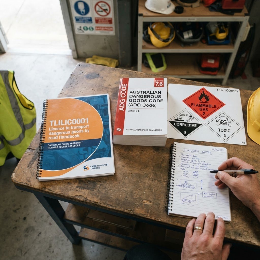 Dangerous goods licence course materials including TLILIC0001 handbook and ADG Code reference book