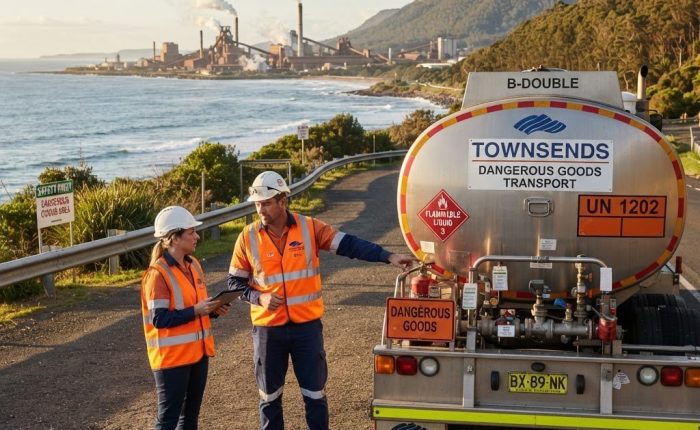Dangerous goods truck driver near Wollongong NSW with high-vis vest and DG transport vehicle