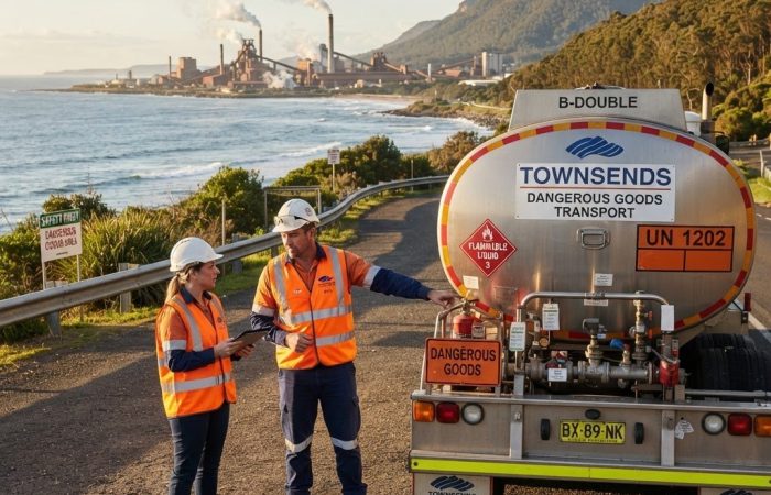 Dangerous goods truck driver near Wollongong NSW with high-vis vest and DG transport vehicle