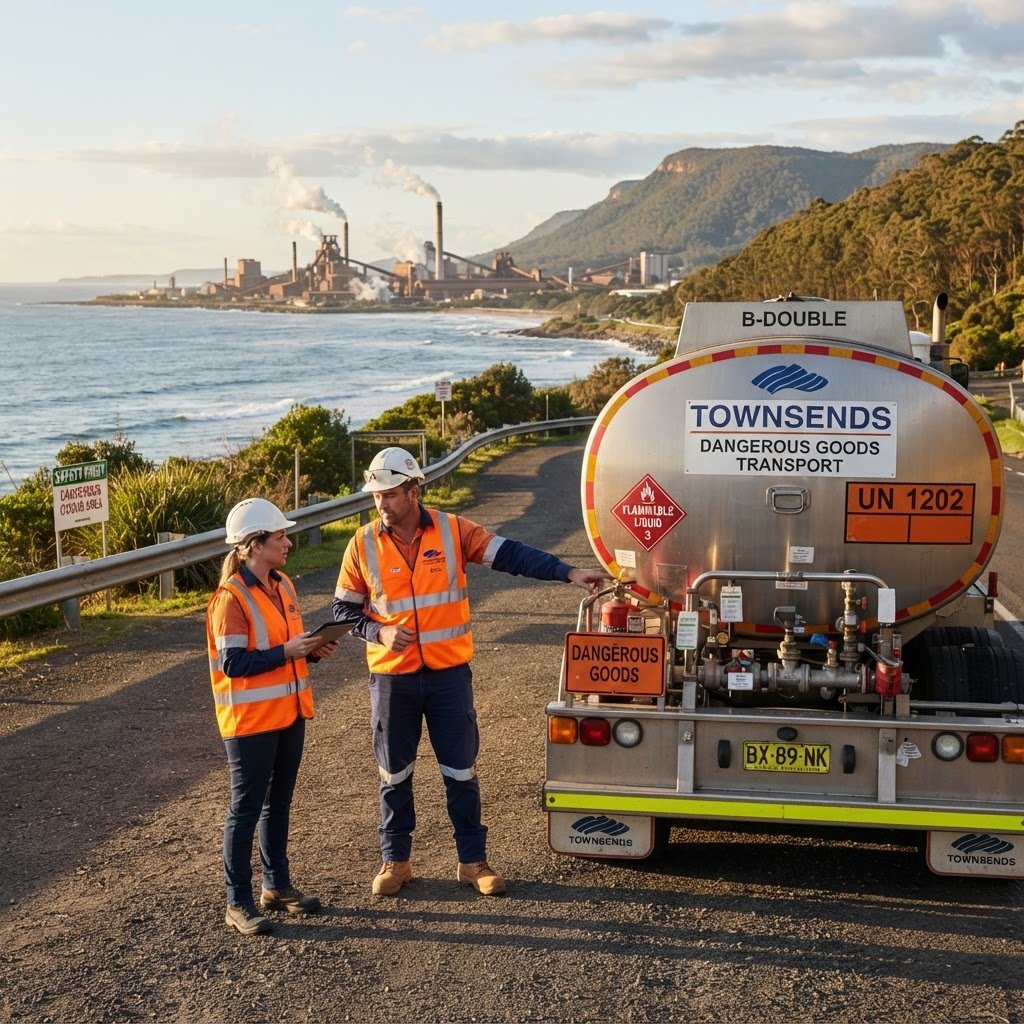 Dangerous goods truck driver near Wollongong NSW with high-vis vest and DG transport vehicle