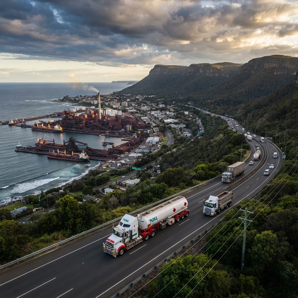 Wollongong NSW landscape with freight trucks on highway near escarpment and ocean
