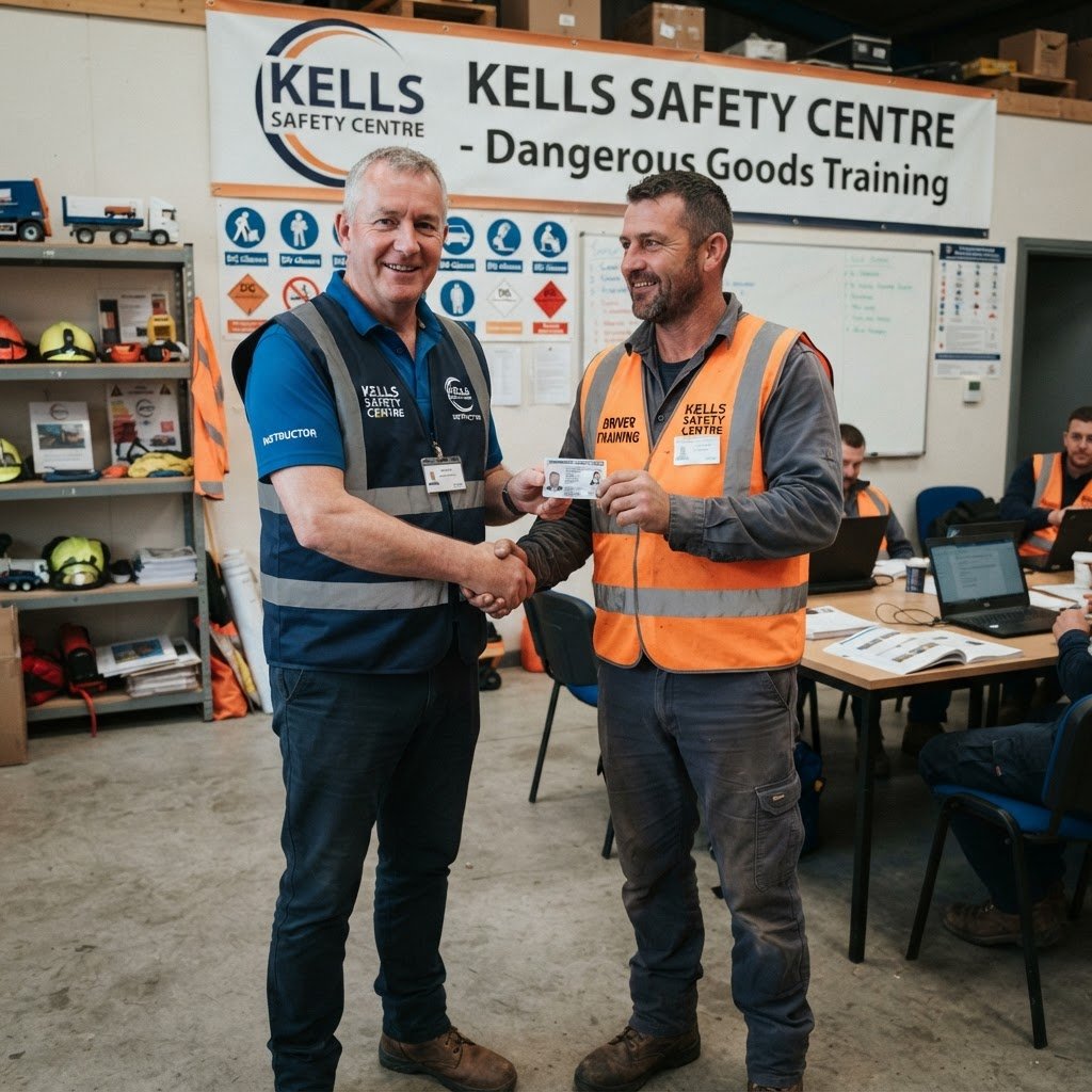 Truck driver receiving dangerous goods licence card from instructor at Kells Safety Centre