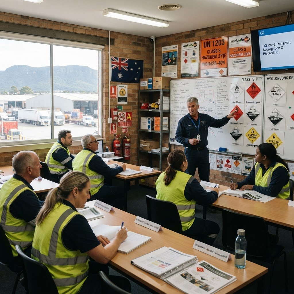 DG licence training classroom in Wollongong NSW with adult students in high-vis vests