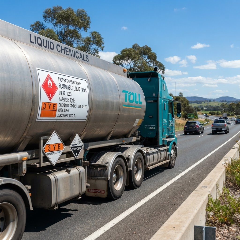 Dangerous goods placard on truck trailer carrying chemicals on NSW highway
