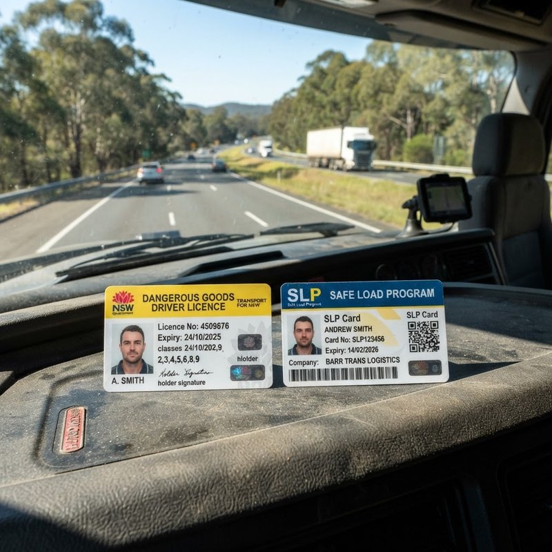 Dangerous goods licence card and SLP Safe Load Program card on a NSW truck dashboard showing both qualifications side by side