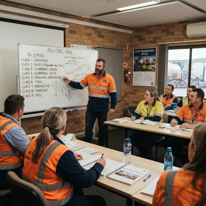 Dangerous goods licence course classroom training at Kells Safety Centre NSW with trainer explaining ADG Code to transport workers in high-vis vests