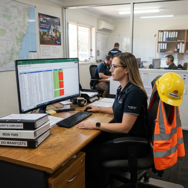 NSW transport fleet manager reviewing driver qualification matrix showing DG licence and SLP card compliance status on office desktop screen