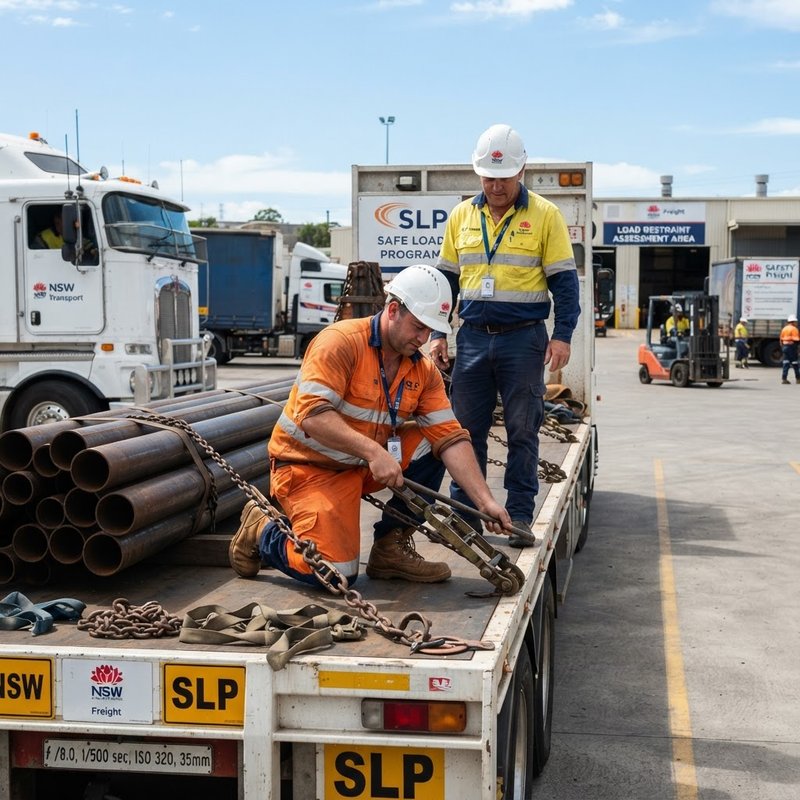SLP Safe Load Program practical assessment at NSW transport depot with trainer supervising truck driver demonstrating load restraint with chains