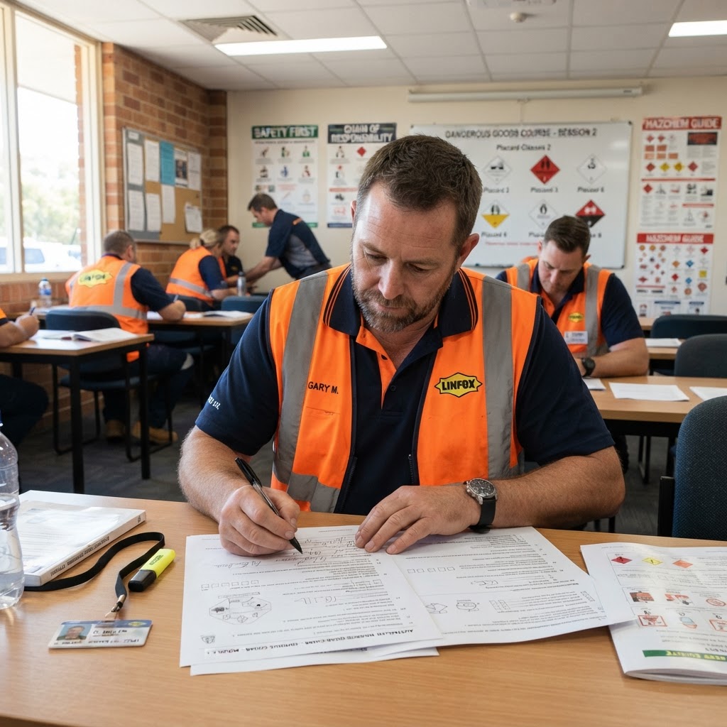 Truck driver completing dangerous goods licence written assessment in training centre NSW