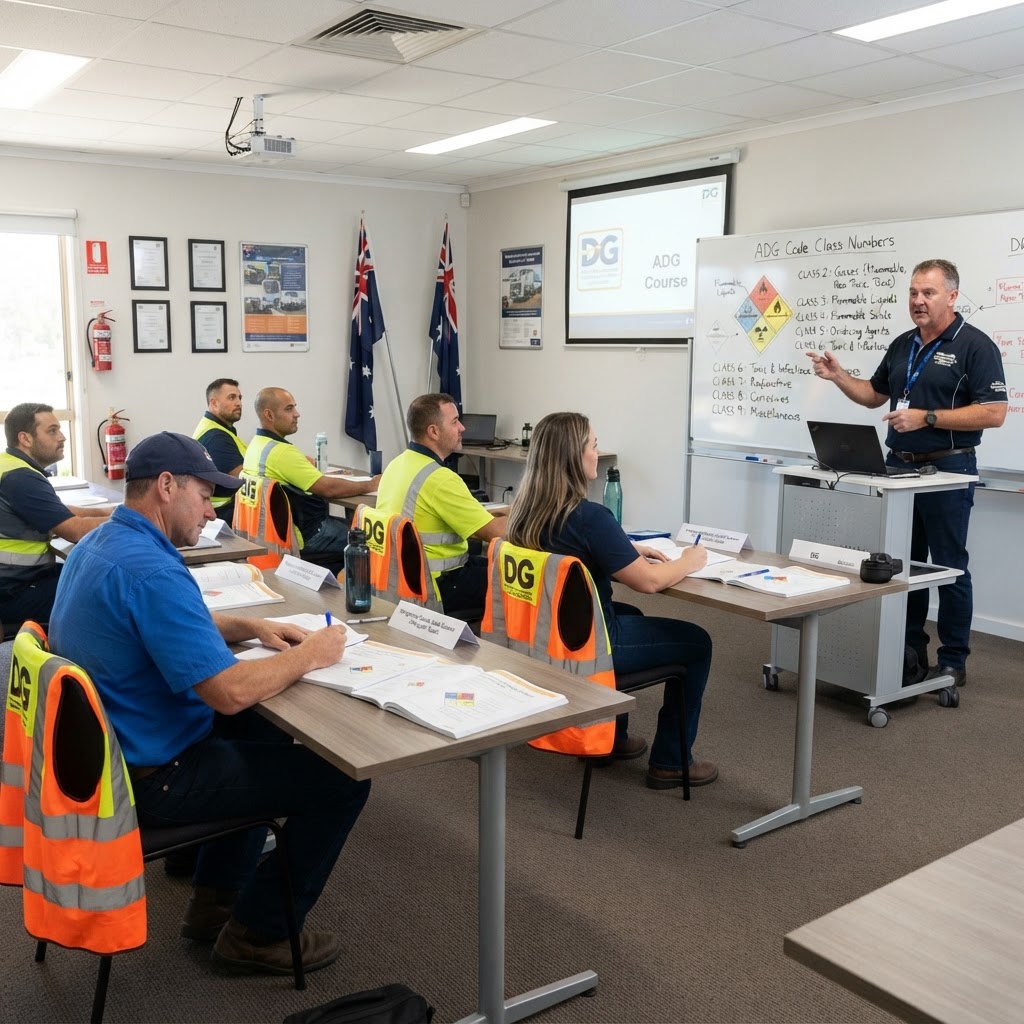 Truck drivers studying dangerous goods licence course materials in training room NSW