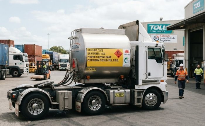 Dangerous goods vehicle showing Emergency Information Panel EIP mounted on side of tanker NSW Australia