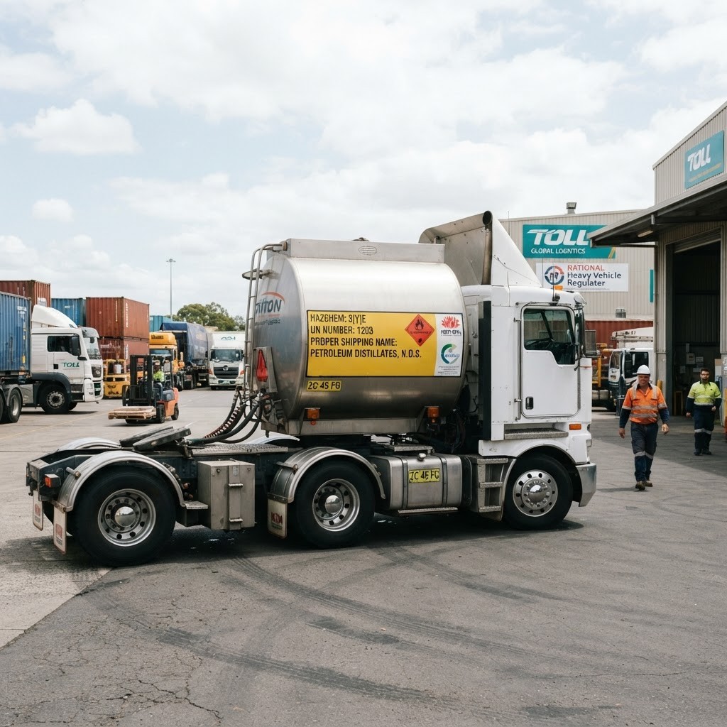 Dangerous goods vehicle showing Emergency Information Panel EIP mounted on side of tanker NSW Australia