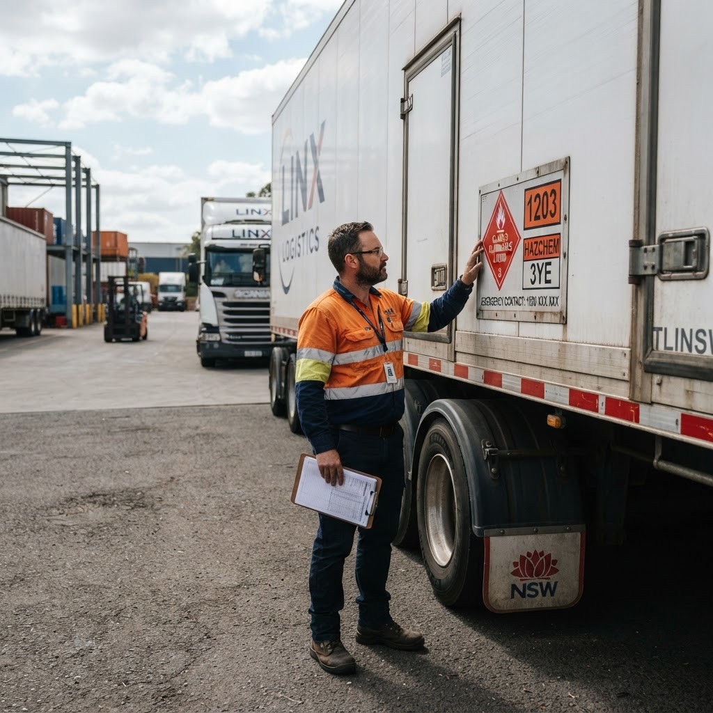 Truck driver in hi-vis vest inspecting DG EIP panel markings on semi-trailer before departure NSW